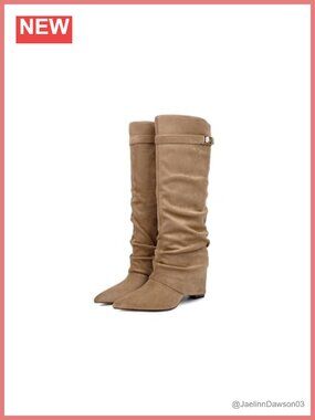 Fold Over Knee High Boots Pointed Toe Faux Leather Zipper Closure Heel
